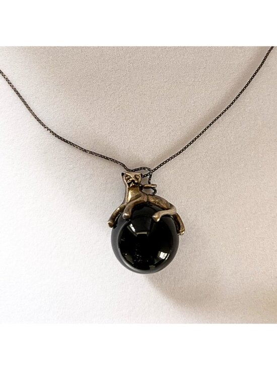 925 Sterling Silver Jewelry - Vintage MCM Sterling Silver Cat on Black Sphere Pendant Necklace